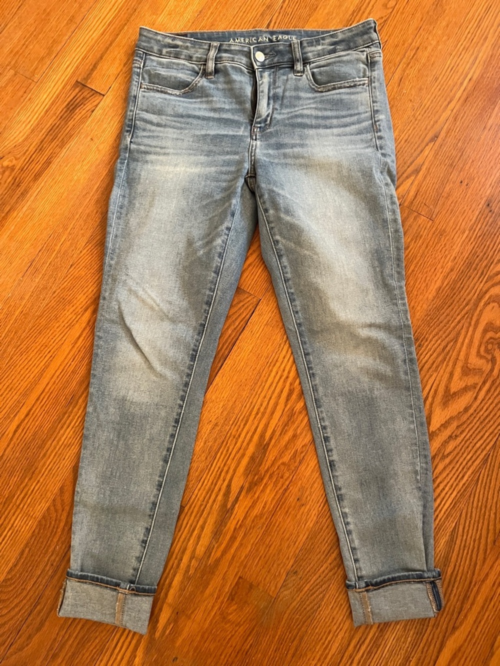 American Eagle Outfitters Women's Skinny Jeans - Light Blue with Brown Stitching